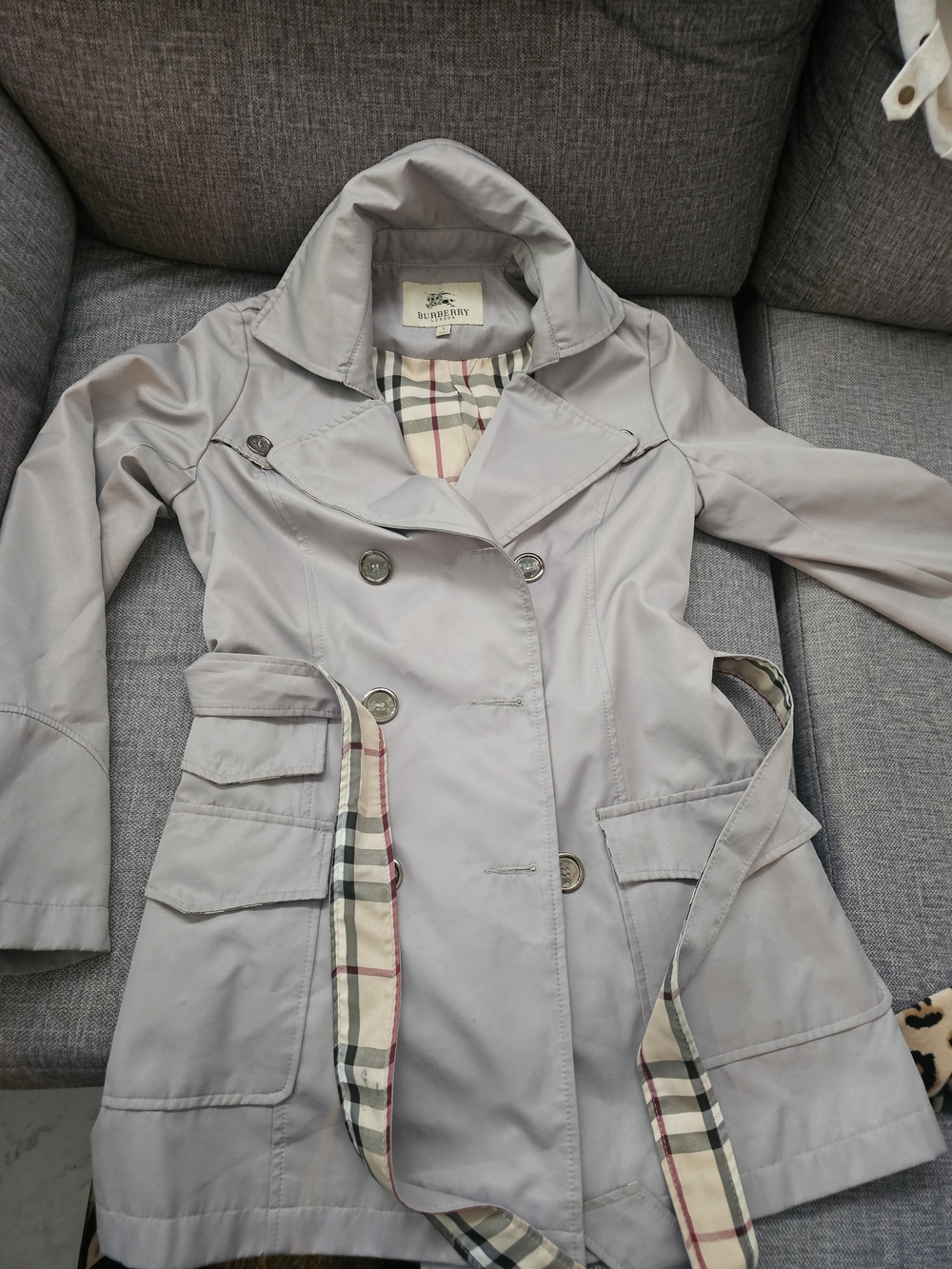 Burberry Womens Light Gray Double-Breasted Trench Coat